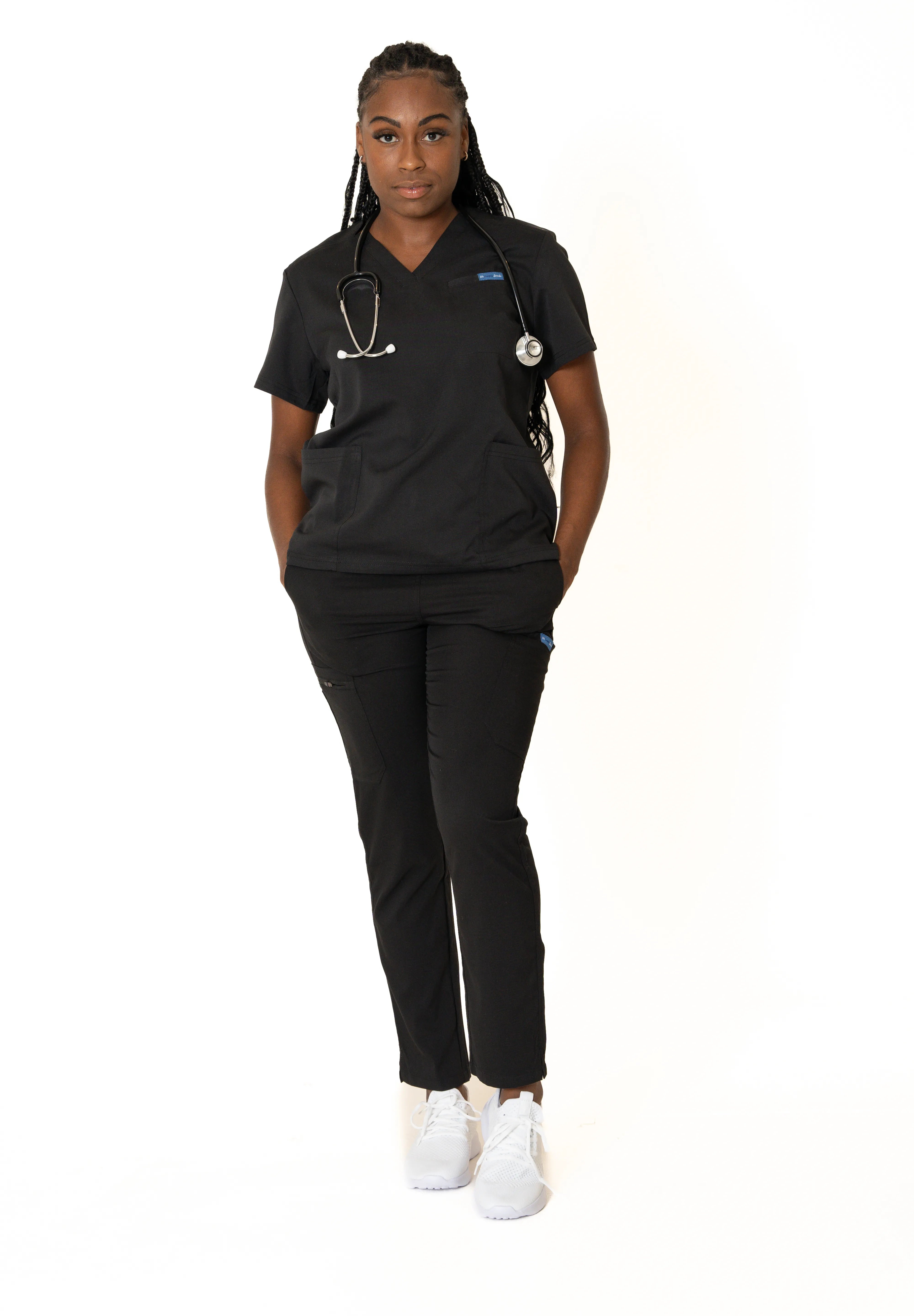 Black V-neck + Flare leg pants (Unisex)